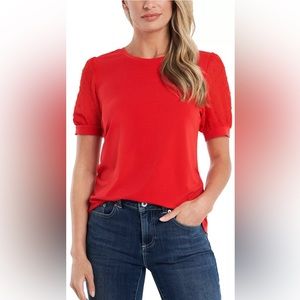 NWOT CeCe Puff Sleeve Mixed Media Top- Large Fireball Red